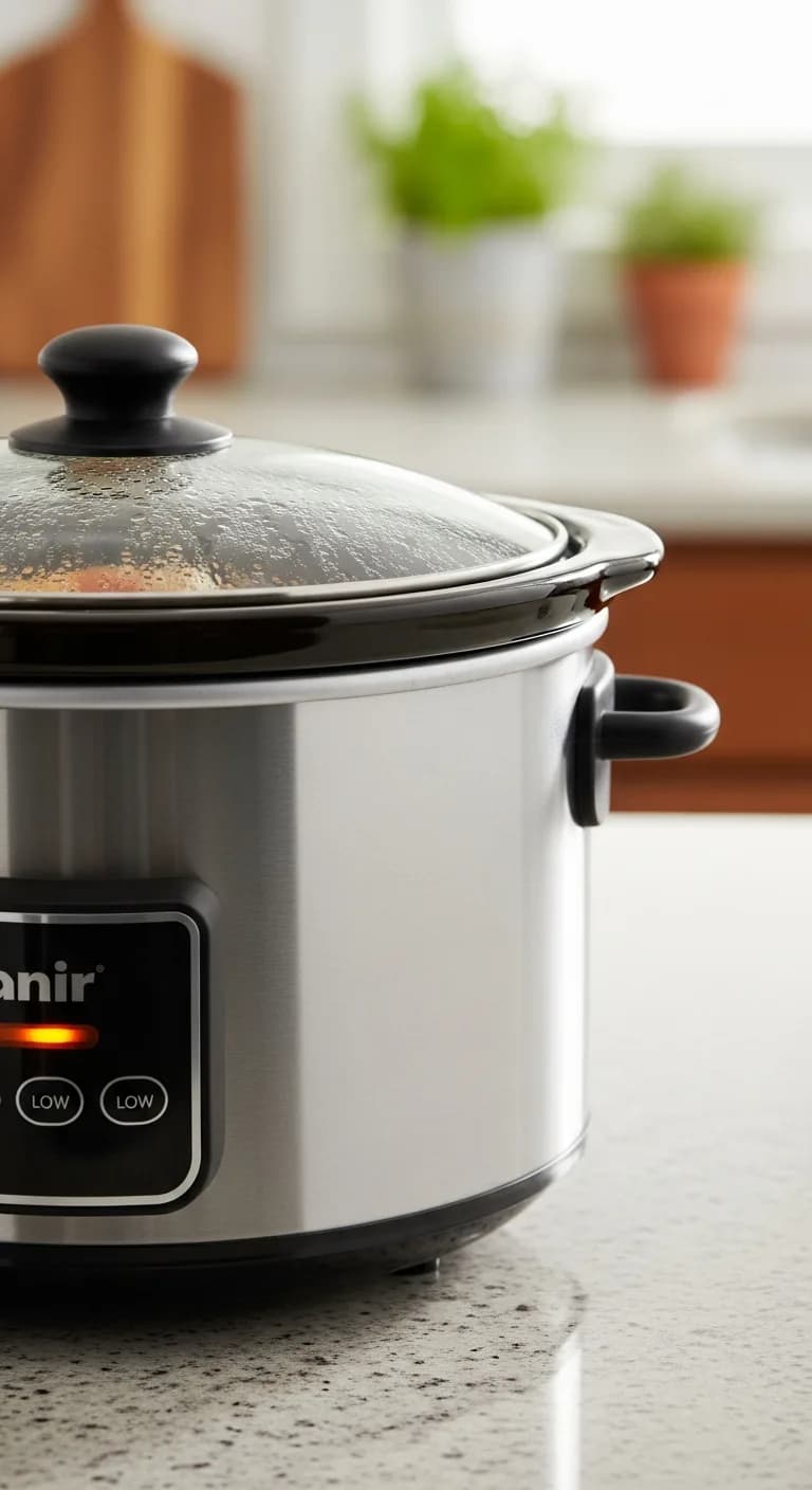 A closed slow cooker on a kitchen counter, cooking chicken noodle soup.
