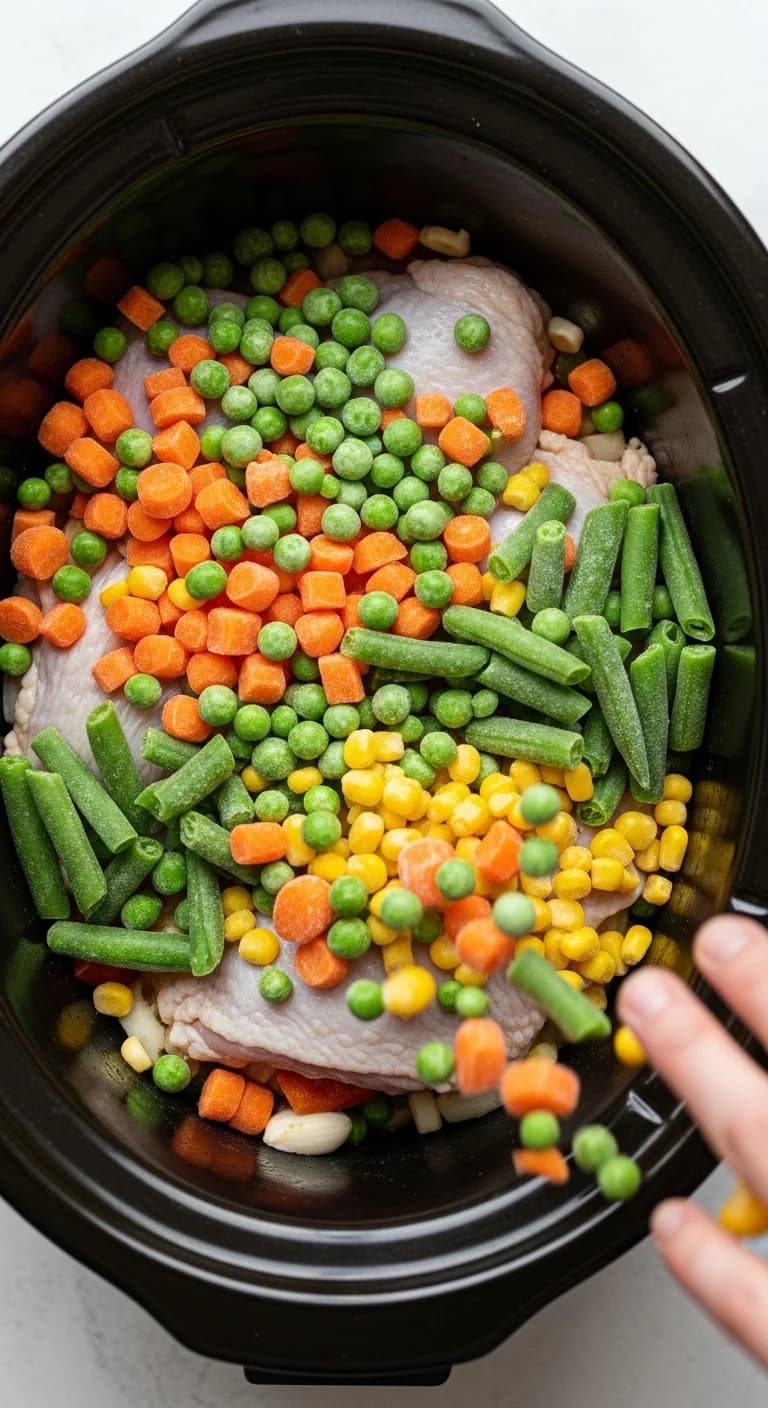 A layer of colorful frozen mixed vegetables spread over chicken in a crockpot.
