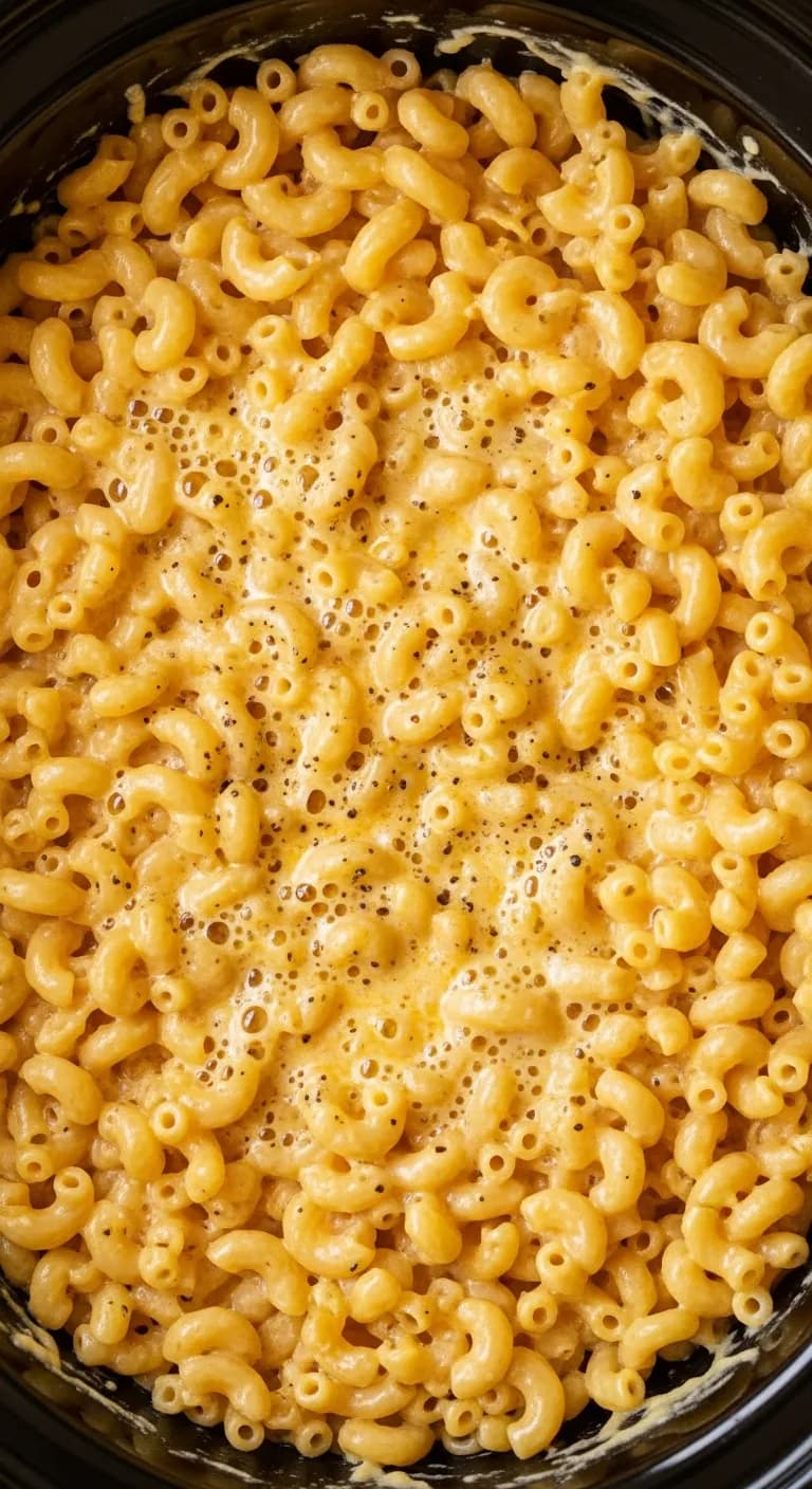 Fully cooked, thick, and creamy crockpot mac and cheese in the slow cooker.