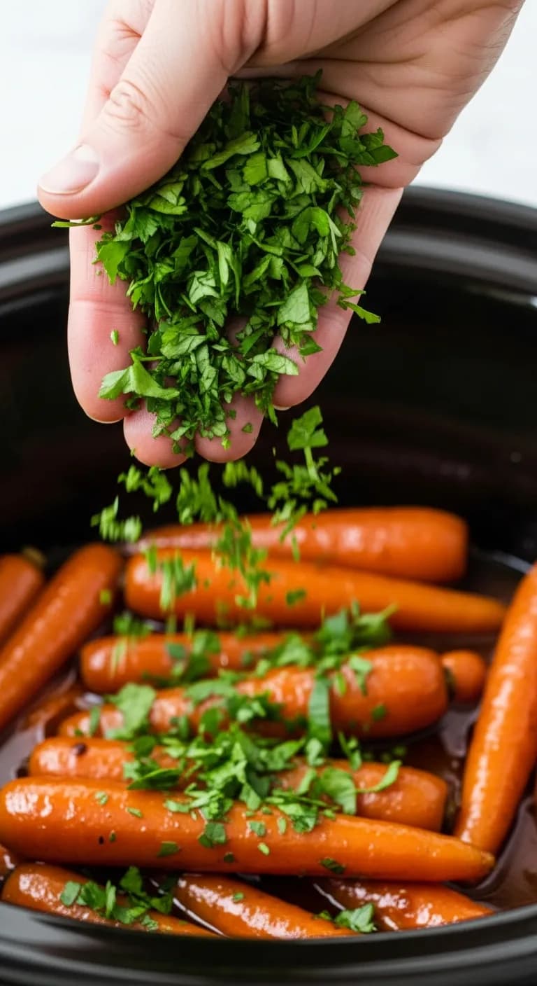 Fresh chopped parsley being sprinkled over the glazed crockpot carrots as a garnish.