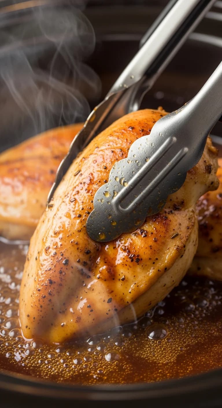 Fully cooked, tender chicken breasts being removed from the slow cooker with tongs.