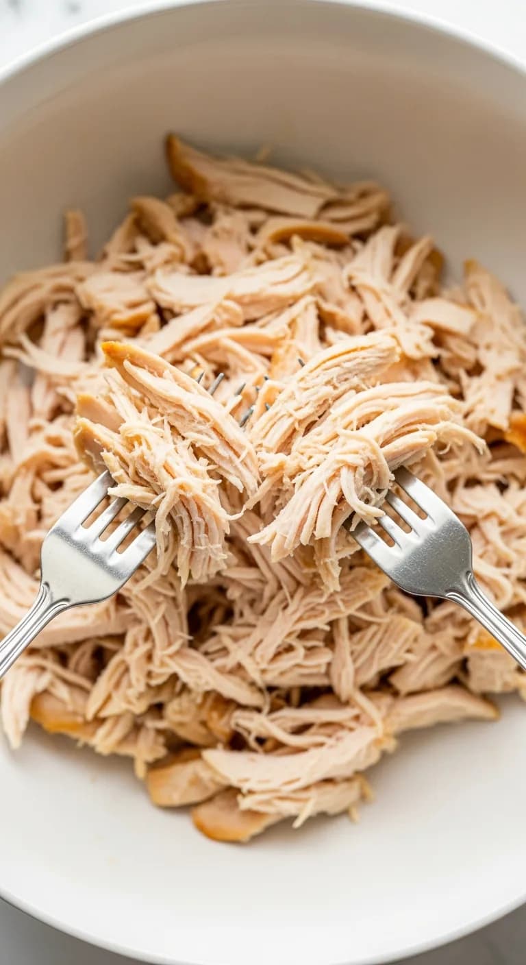 Cooked chicken being shredded in a white bowl with two forks for crockpot chicken tacos.