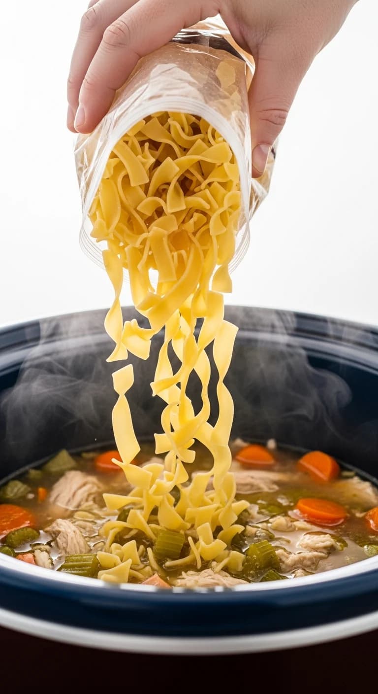 Uncooked wide egg noodles being poured into the crockpot chicken noodle soup.