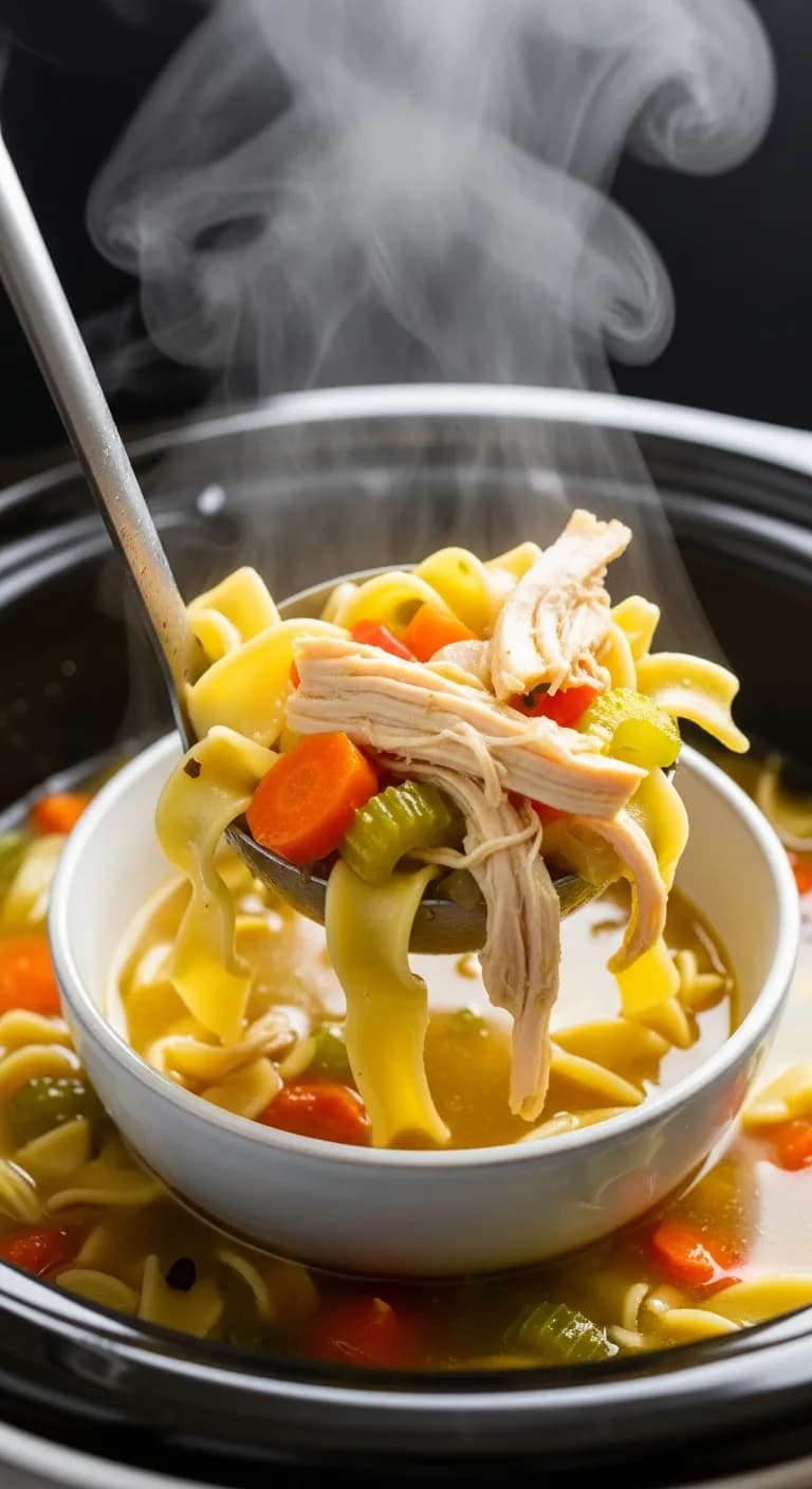 Finished crockpot chicken noodle soup being ladled into a white ceramic bowl.