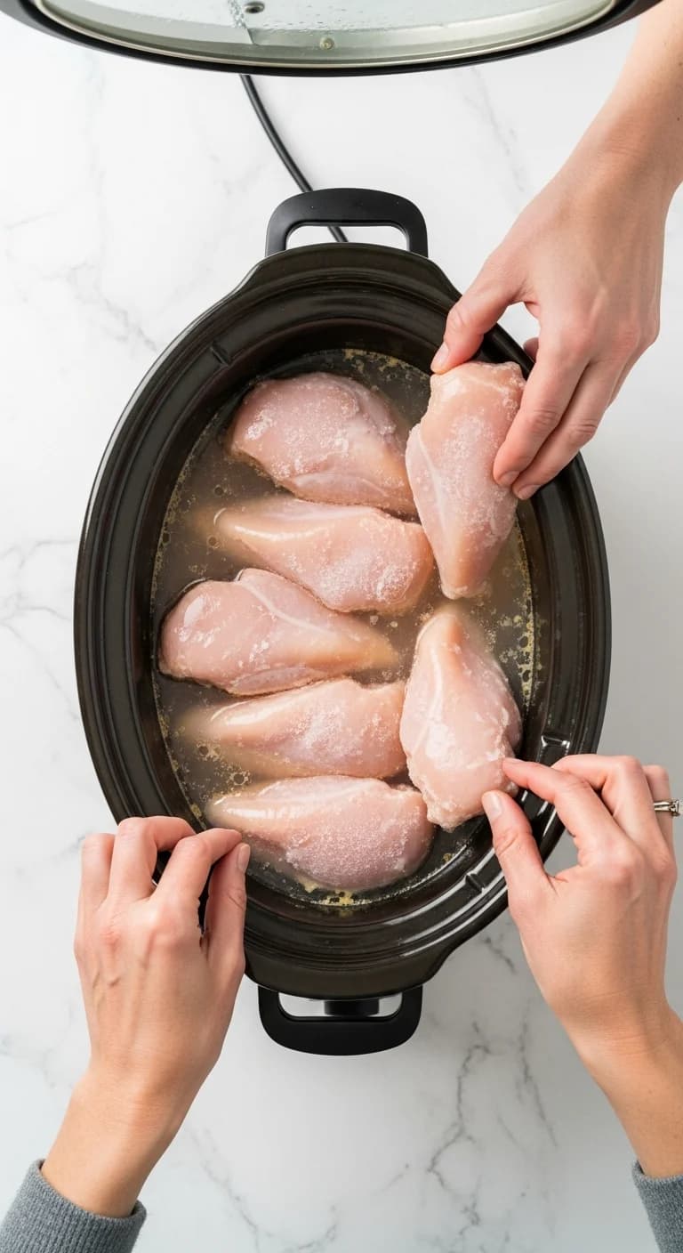 Placing frozen boneless skinless chicken breasts into the slow cooker on top of broth.