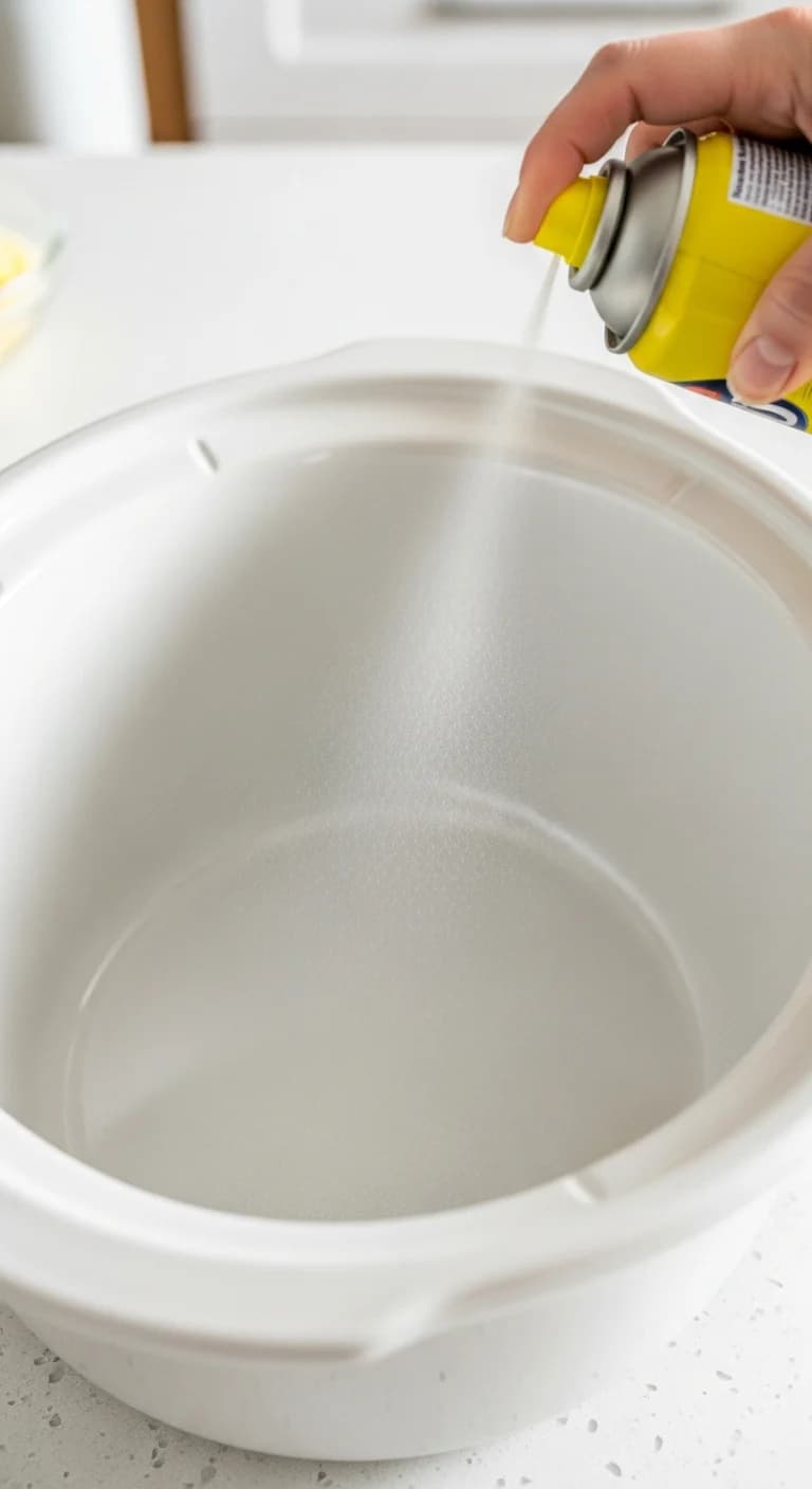 Greasing slow cooker insert with non-stick spray for vegetarian ravioli