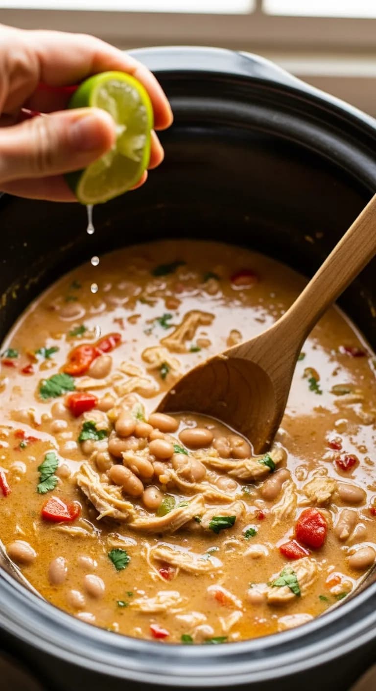 Stirring the creamy white chicken chili after adding lime juice for brightness.