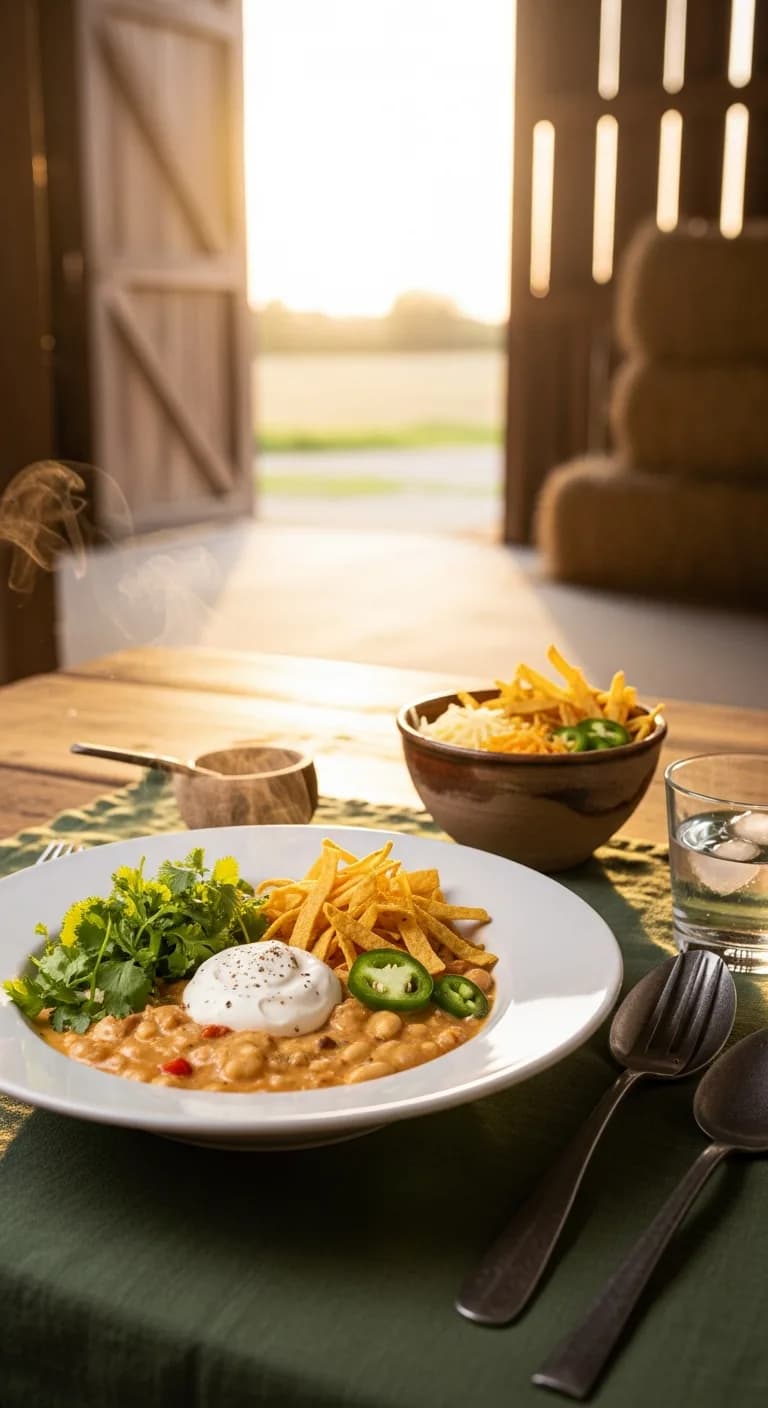 A bowl of finished white chicken chili garnished with fresh cilantro and tortilla strips.