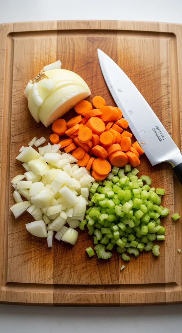 Chopped carrots, celery, and onion on a cutting board for crockpot chicken noodle soup.
