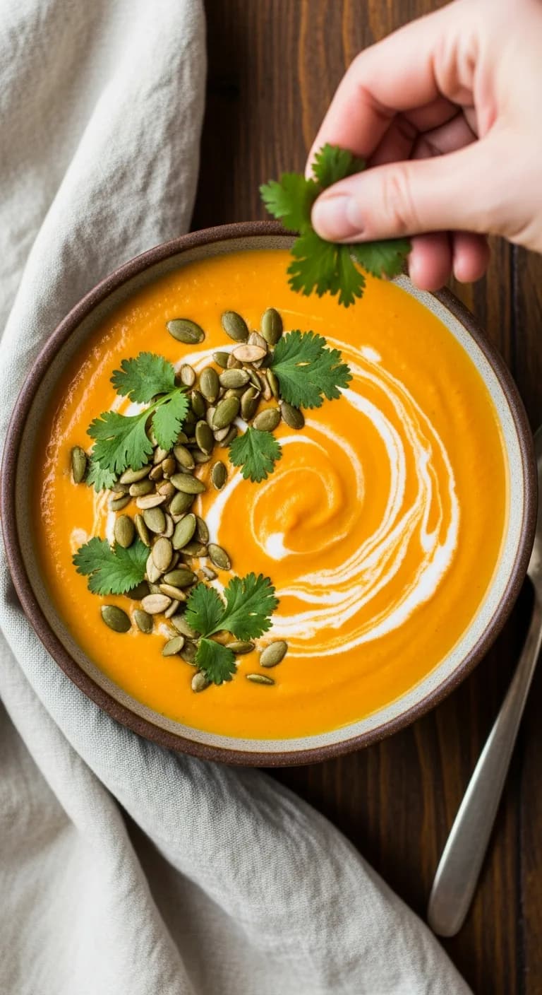 A finished bowl of crockpot carrot soup being garnished with fresh green cilantro.