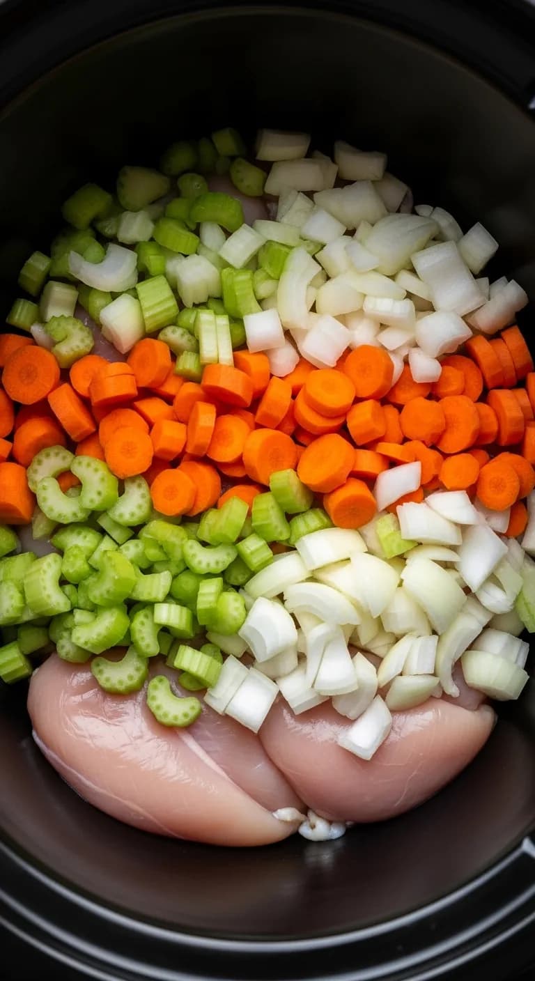 Raw chicken and vegetables layered in a slow cooker crock before adding broth.