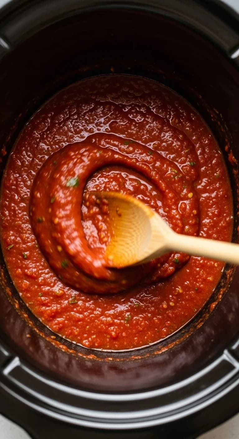 Spreading marinara sauce at bottom of crockpot