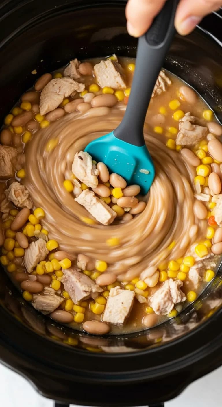 Stirring all the white chicken chili ingredients together in the crockpot.