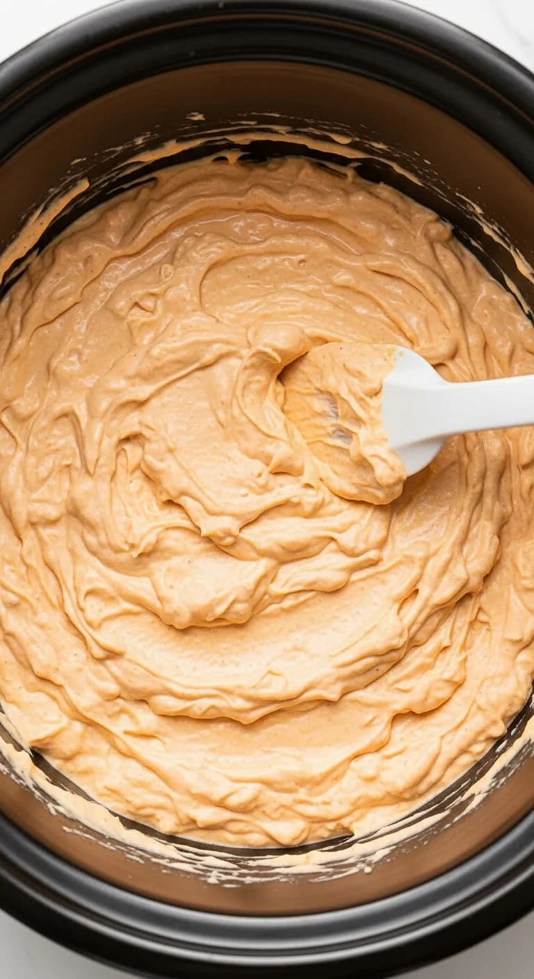 Cream cheese, ranch, and hot sauce being mixed in a slow cooker for buffalo chicken dip.