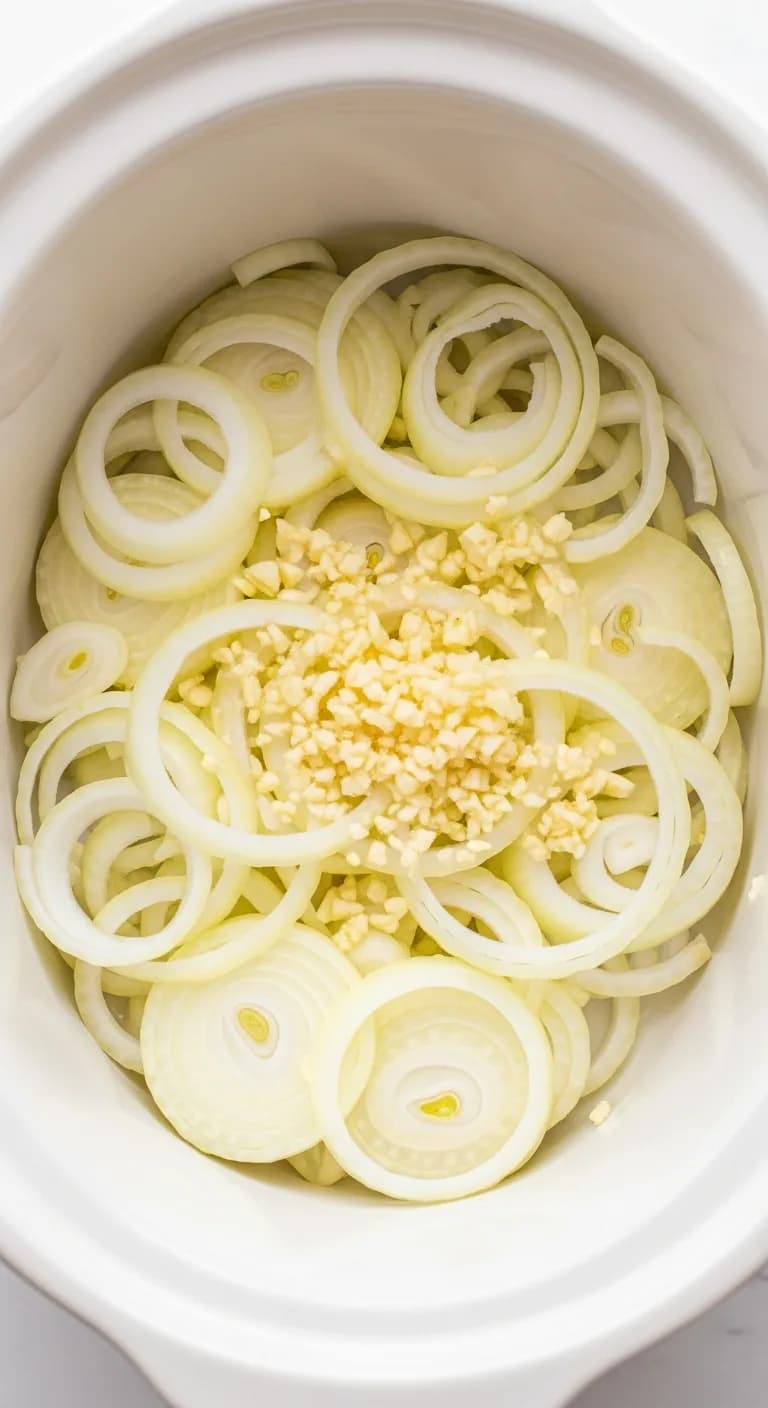 Sliced onions and minced garlic layered in bottom of slow cooker