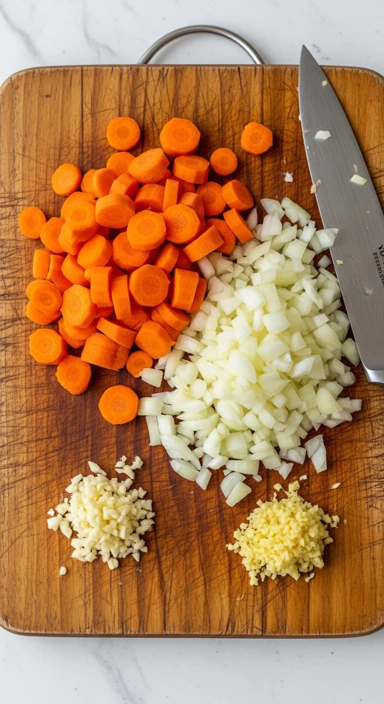 Roughly chopped carrots, onions, and garlic on a cutting board for crockpot carrot soup.
