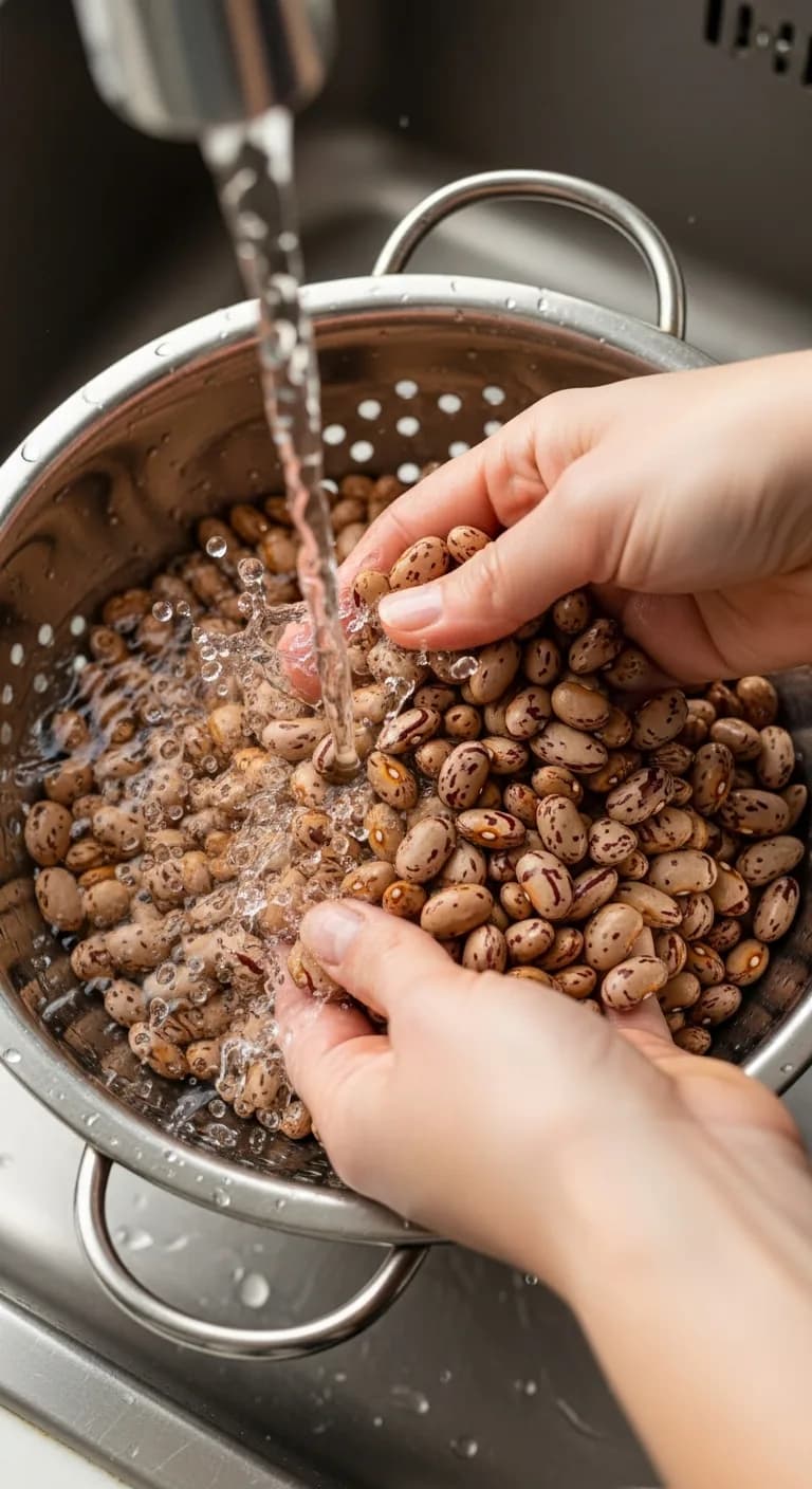 Dried pinto beans being rinsed in a metal colander under running water in a sink.