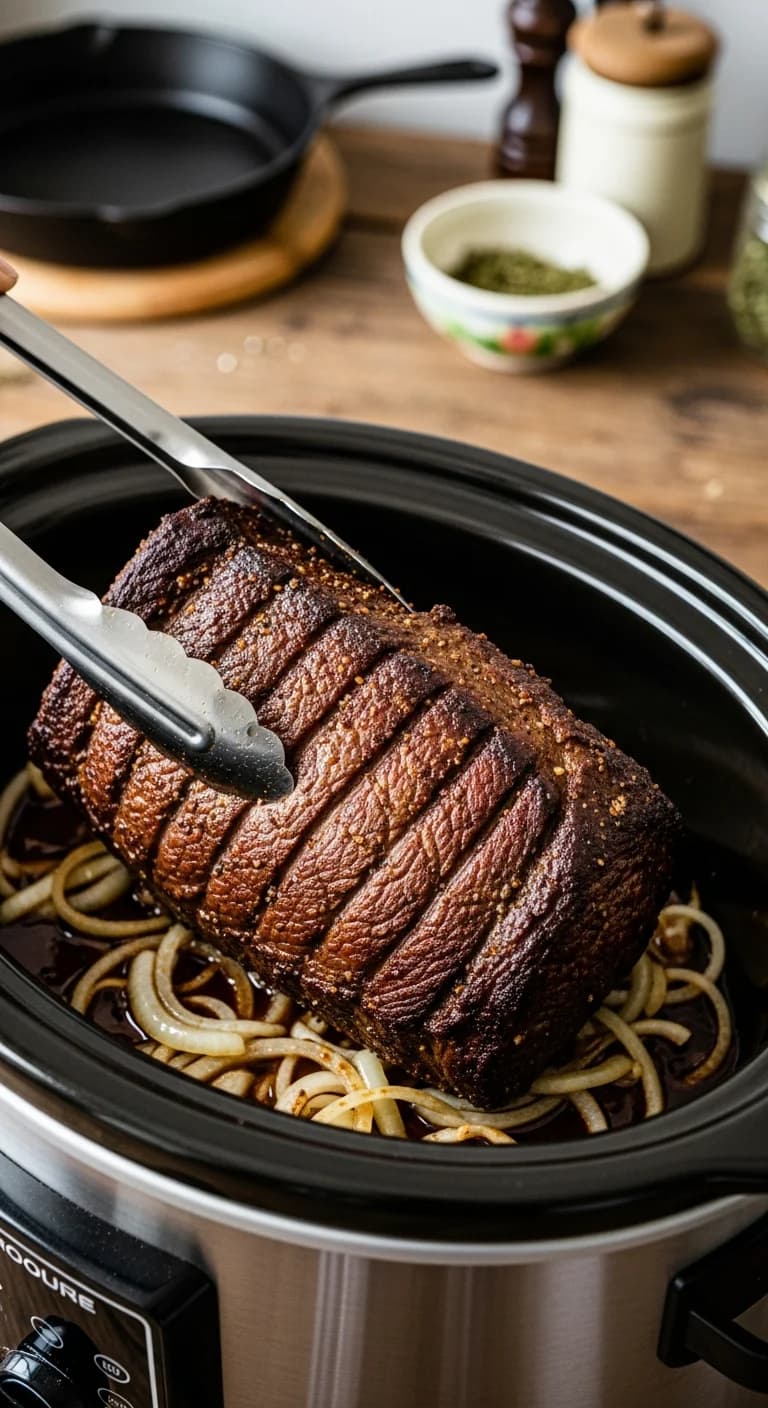Placing seared roast beef into slow cooker on top of onions