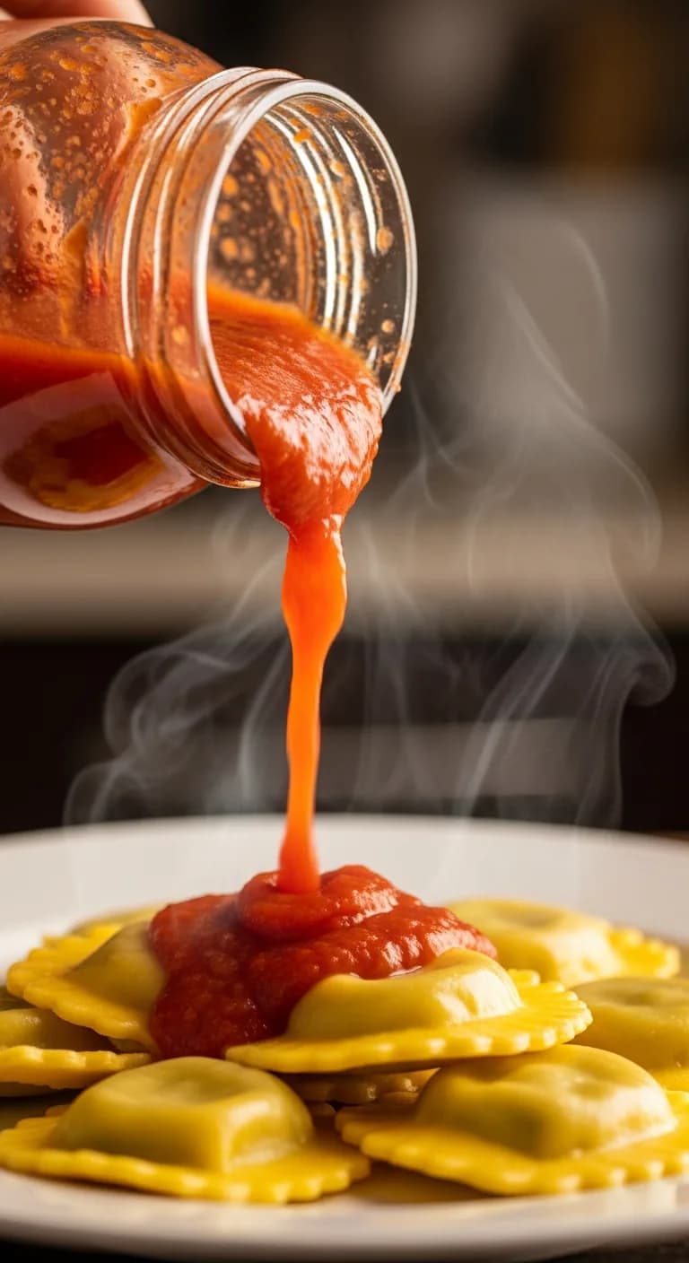 Pouring remaining marinara sauce over top of pasta