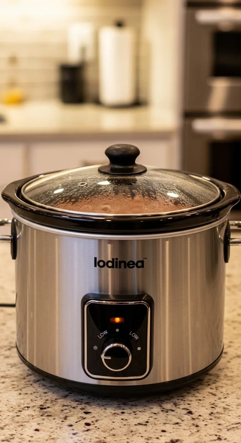 A closed slow cooker on a kitchen counter, with the indicator light on, cooking the pinto beans.