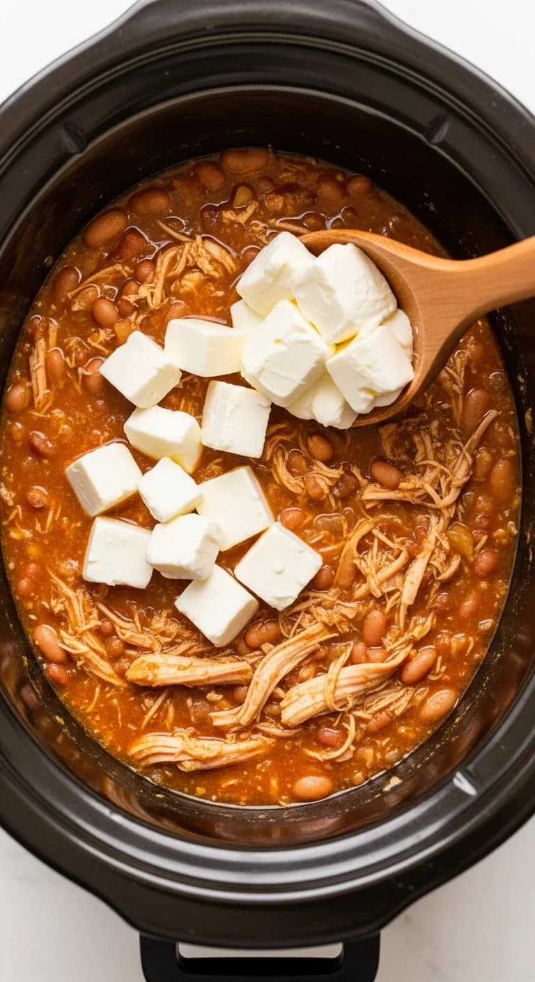 Adding cubes of cream cheese and sour cream into the cooked white chicken chili.