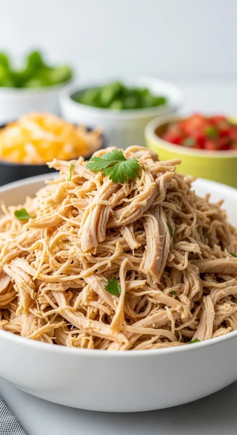 Bowl of freshly shredded crockpot chicken ready to be used in tacos, salads, or other meals.