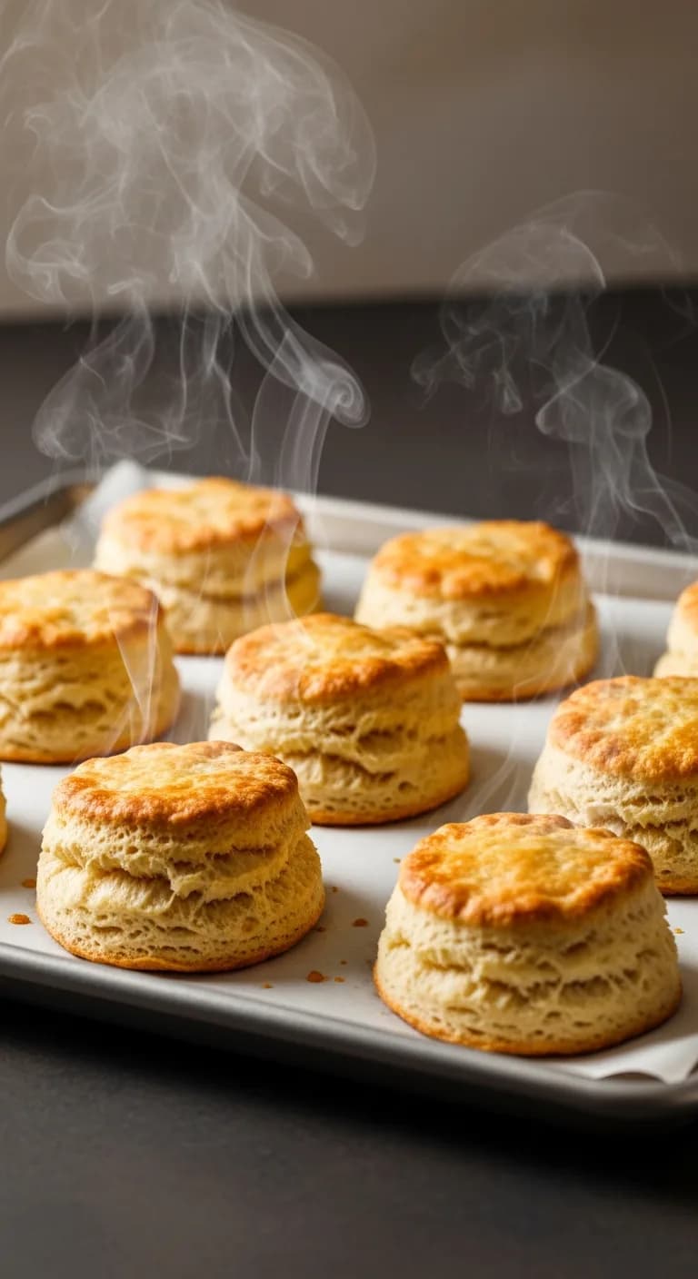 Golden brown, perfectly baked biscuits on a baking sheet fresh out of the oven.