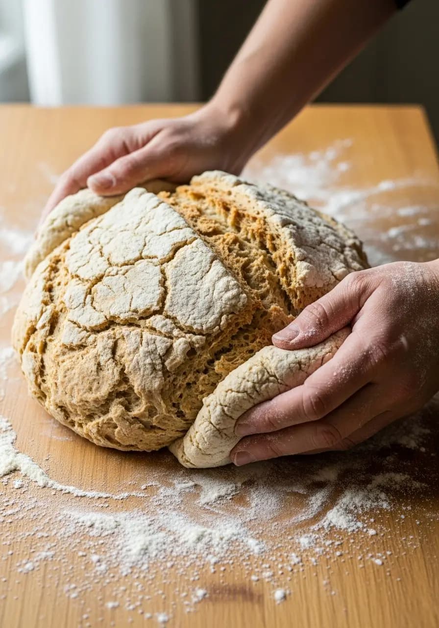 Hands shaping rough sourdough Irish soda bread dough into round loaf on floured surface
