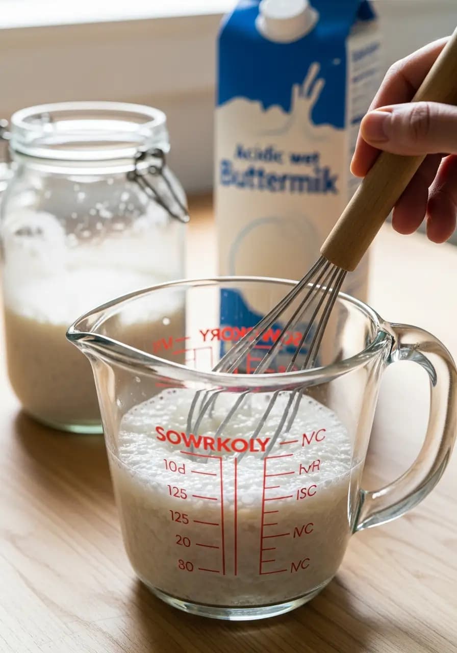 Whisking sourdough discard and buttermilk together for Irish soda bread wet ingredients