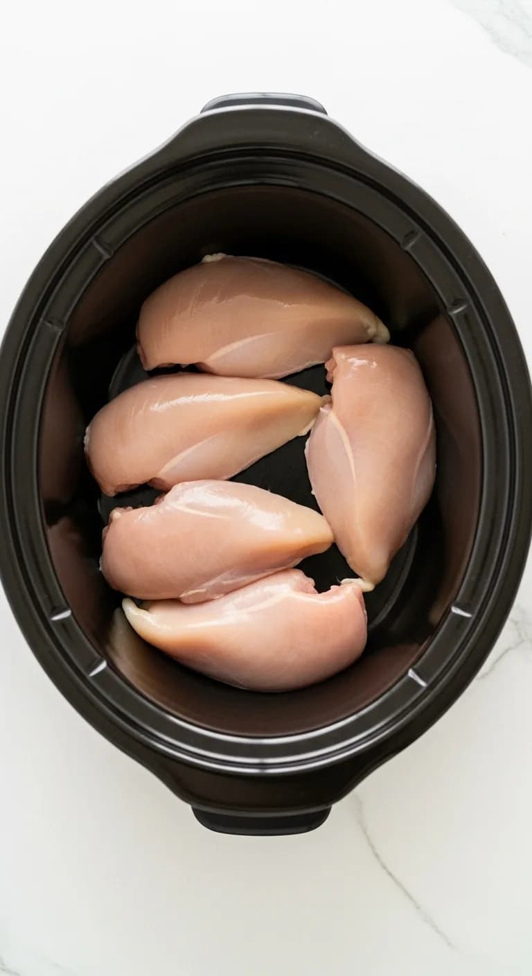 Raw chicken breasts placed in a single layer inside a slow cooker crock.