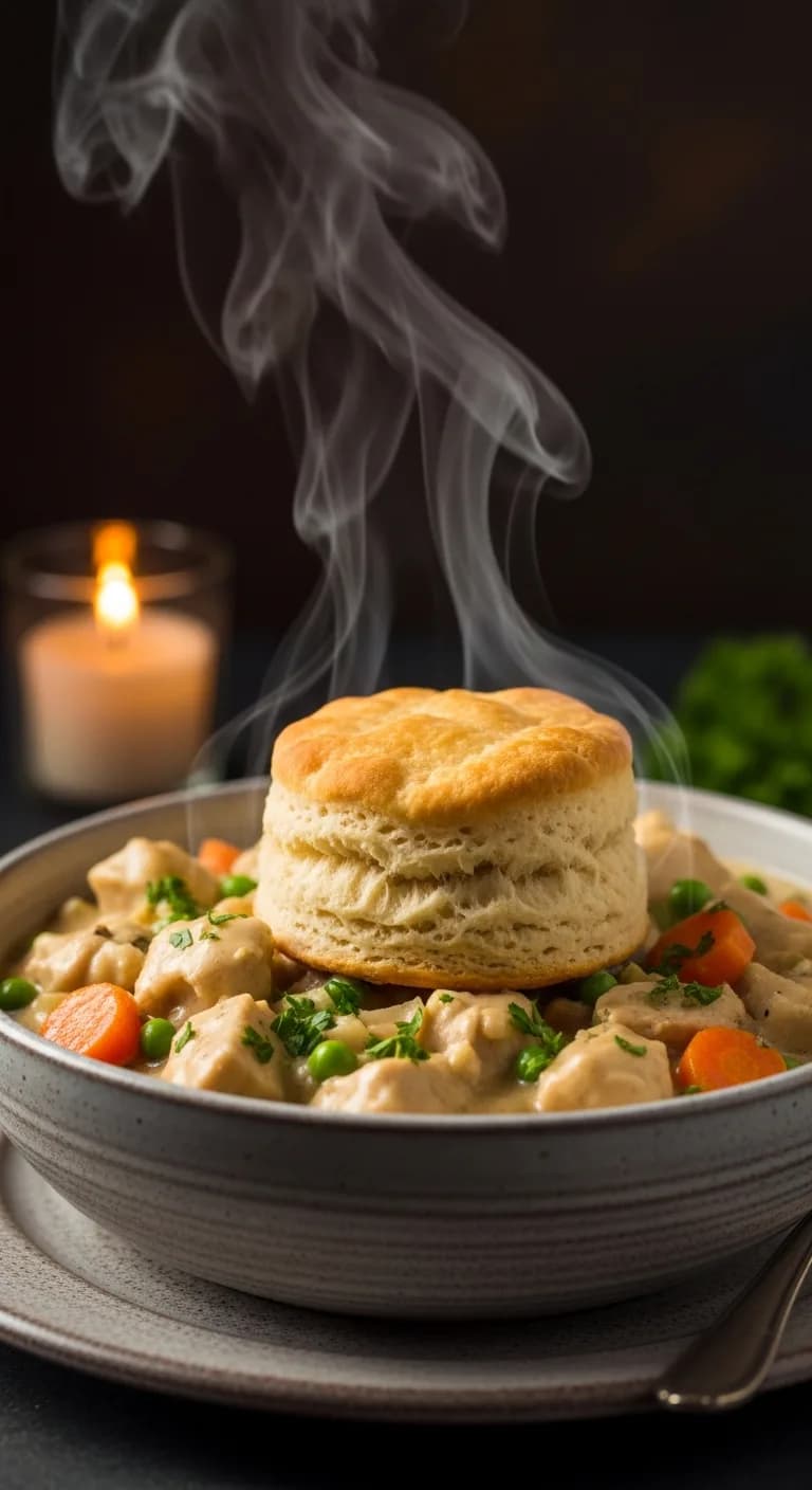 A serving bowl filled with crockpot chicken pot pie, topped with a fresh biscuit.