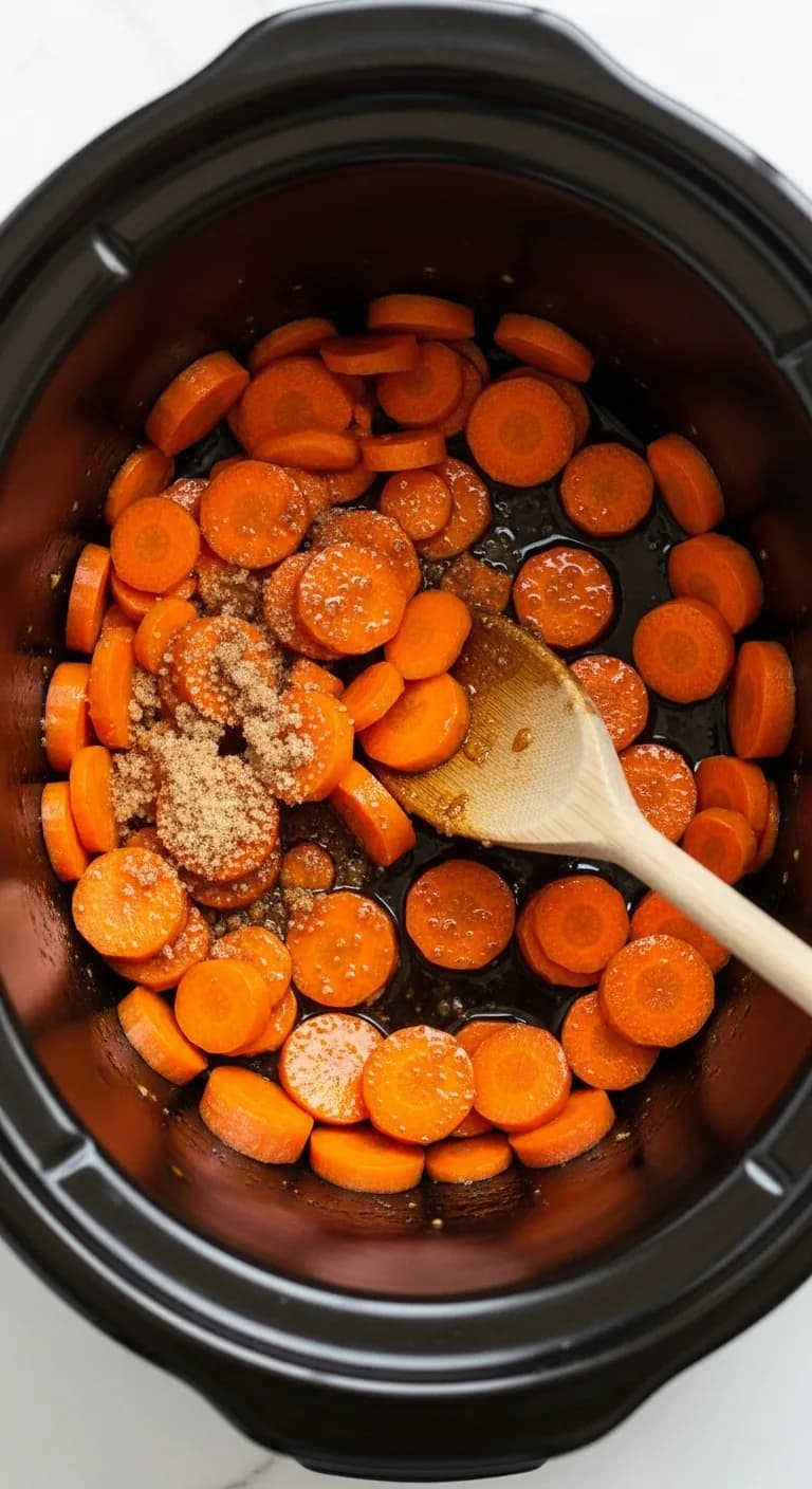 Sliced raw carrots coated in brown sugar glaze inside a slow cooker before cooking.
