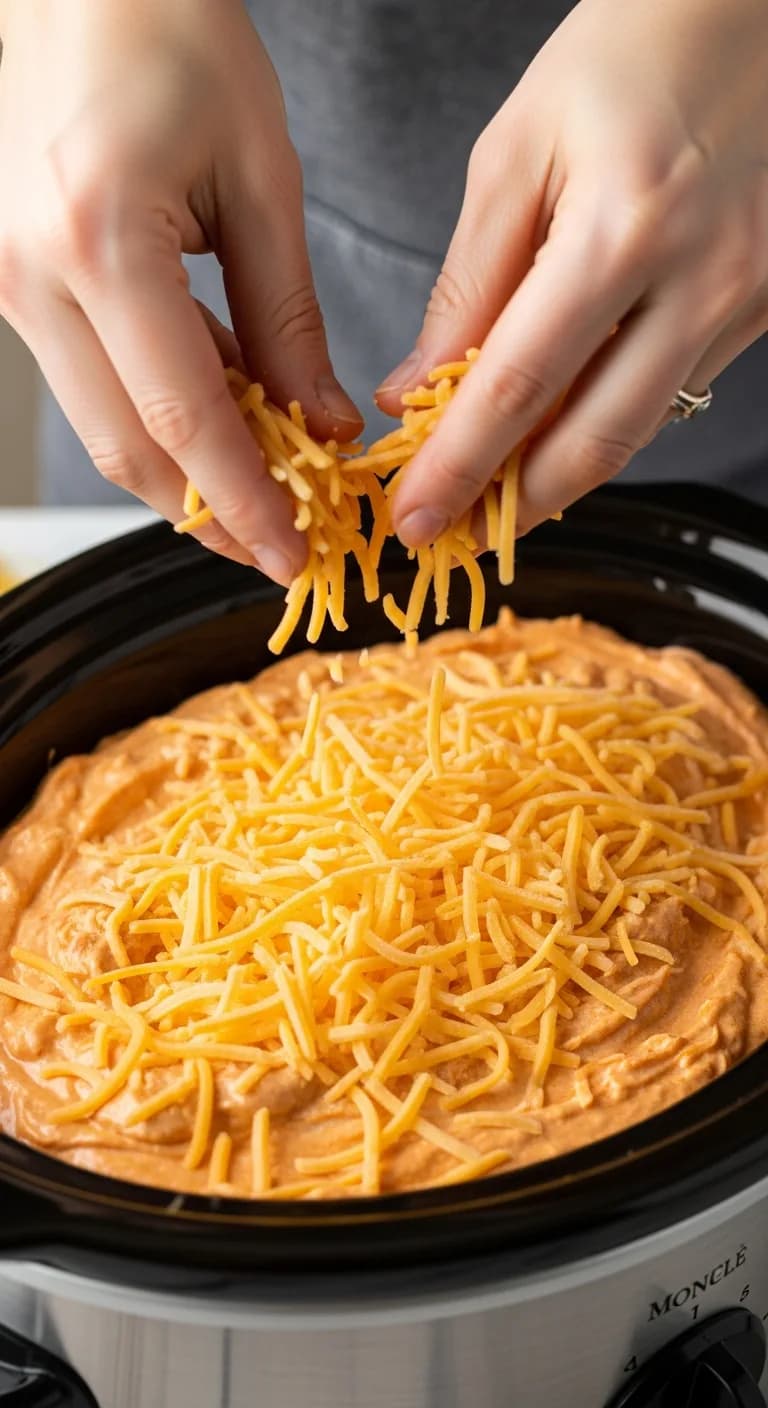 Sprinkling the remaining cheddar cheese over the top of the finished buffalo dip.