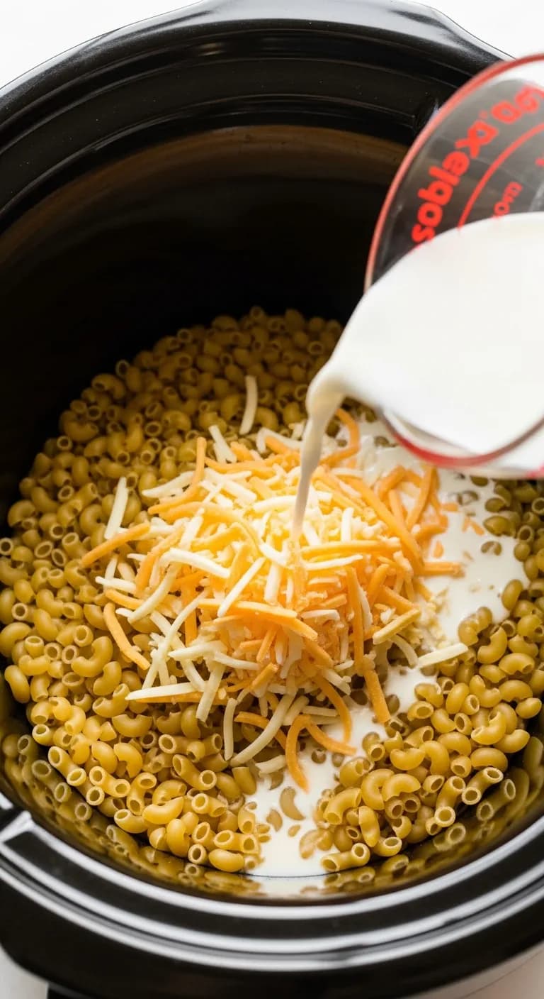 Uncooked macaroni, cheese, and milk being added to a slow cooker for crockpot mac and cheese.