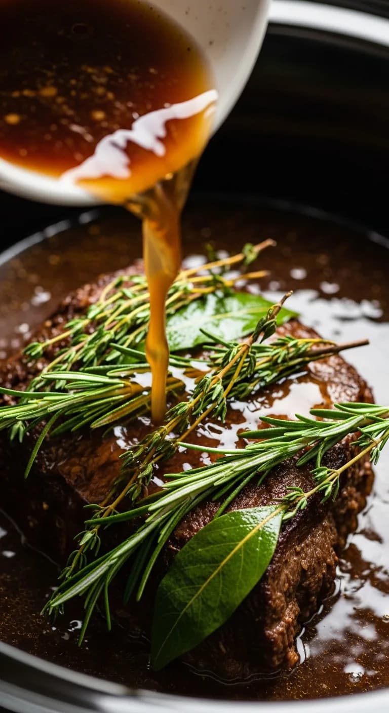 Pouring savory liquid and herbs over roast in slow cooker