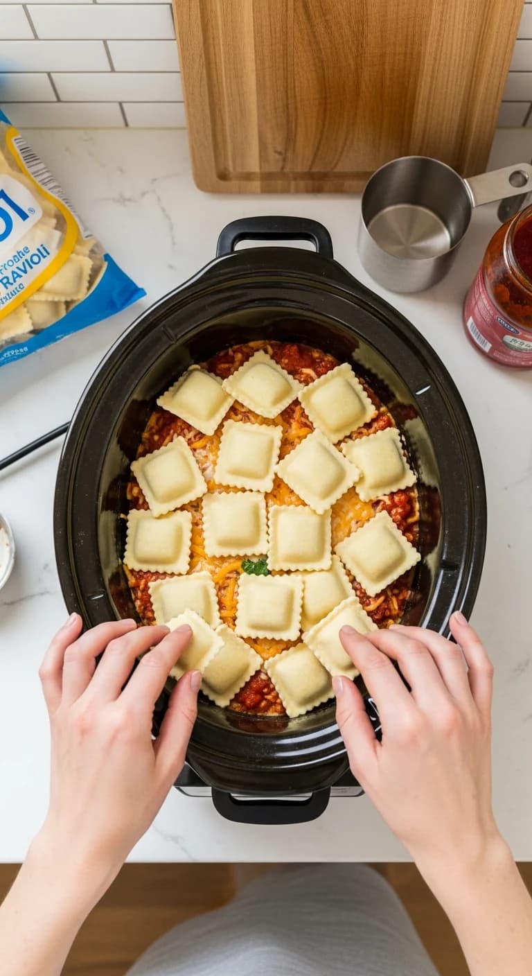 Second layer of frozen ravioli added to crockpot