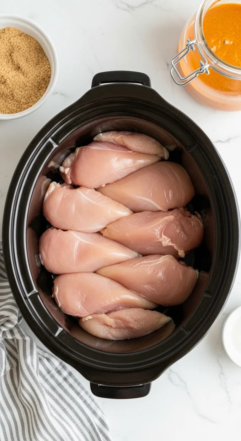 Raw chicken breasts being placed into the bottom of a black slow cooker crock.