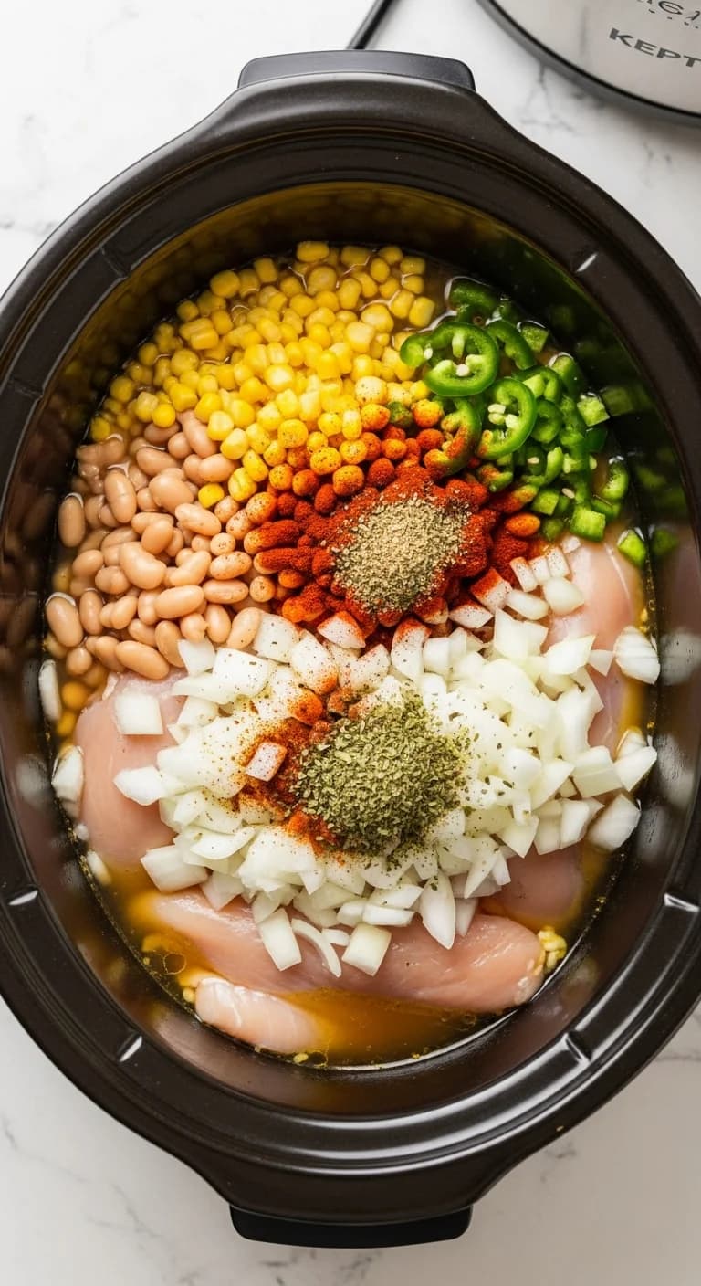 Ingredients for white chicken chili layered in a slow cooker before cooking.