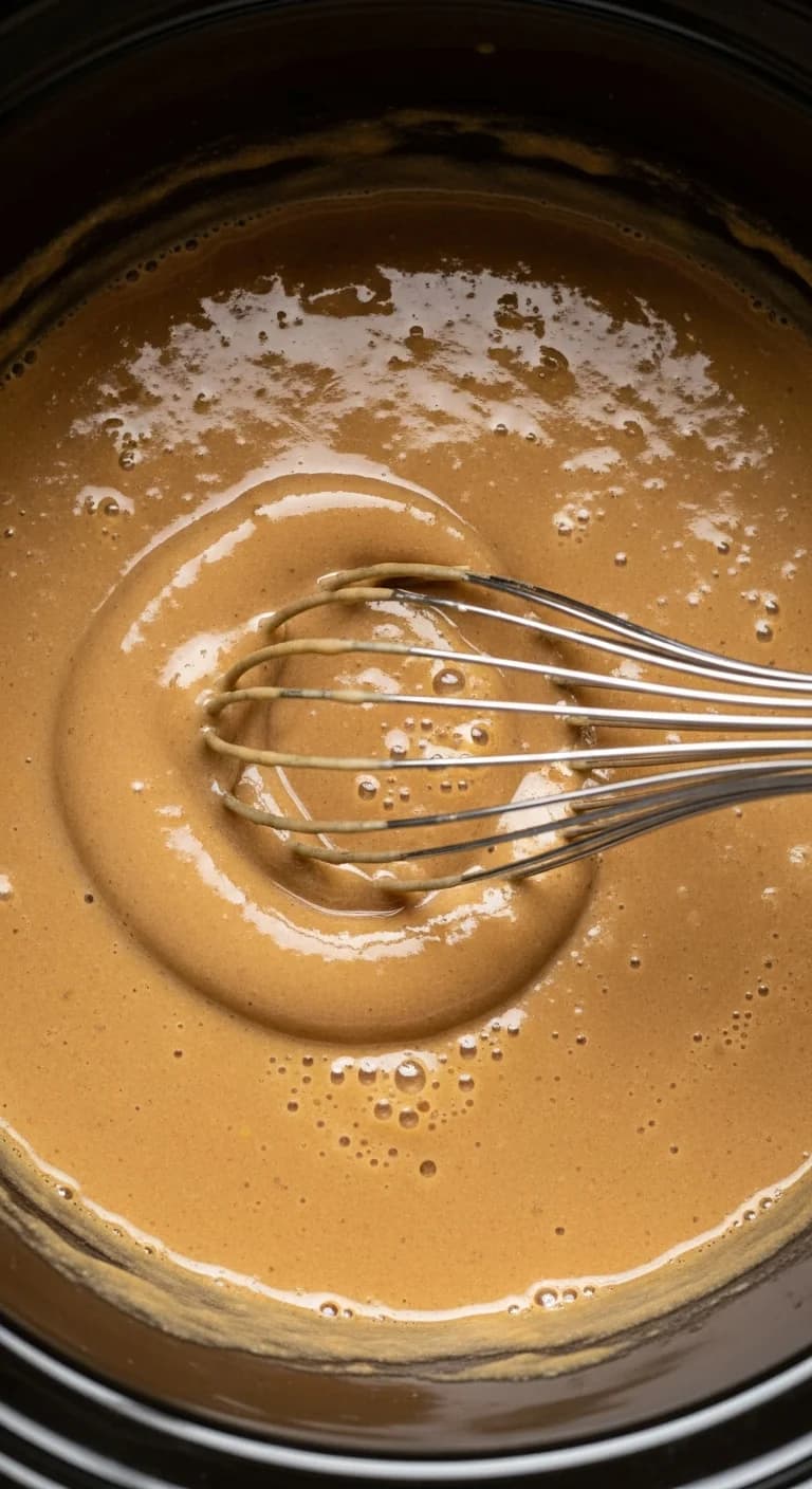 Whisking the smooth, rich brown gravy inside the slow cooker after chicken is removed.