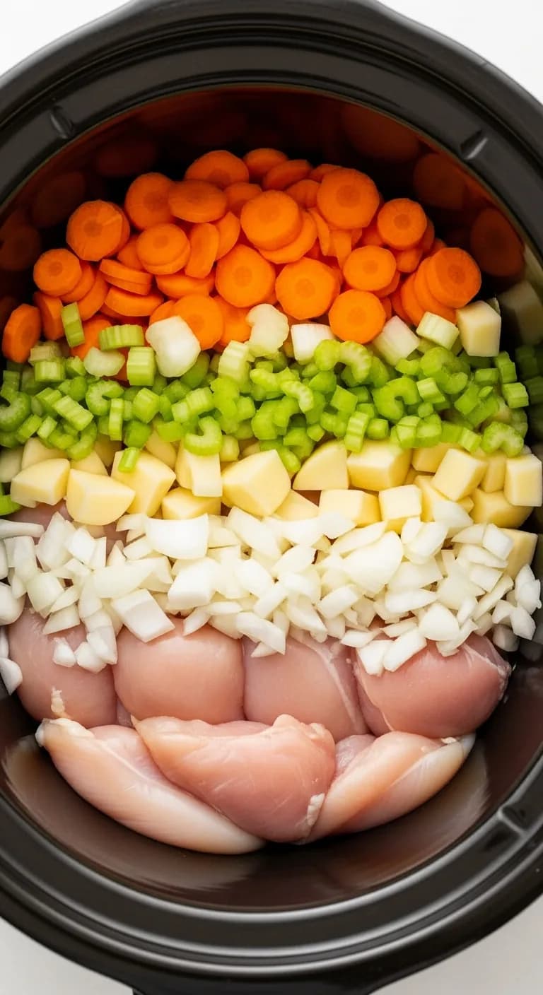 Raw chicken and chopped vegetables layered in a slow cooker insert before cooking.