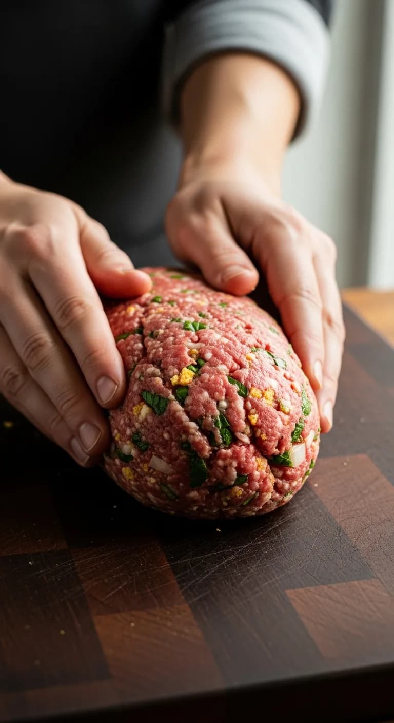 Hands shaping the raw meat mixture into an oval loaf on a wooden cutting board.