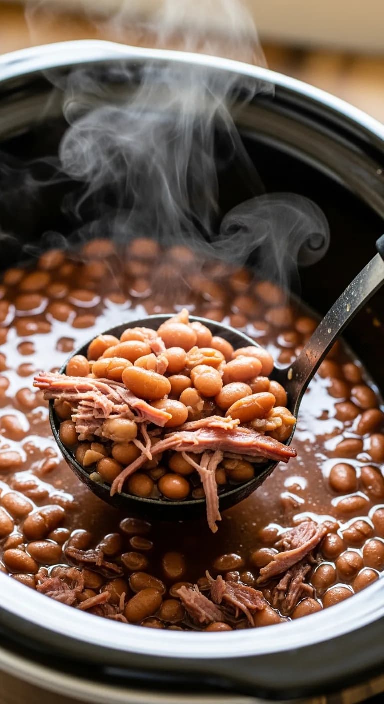 Lifting a spoonful of tender, cooked pinto beans from the crockpot to show their texture.