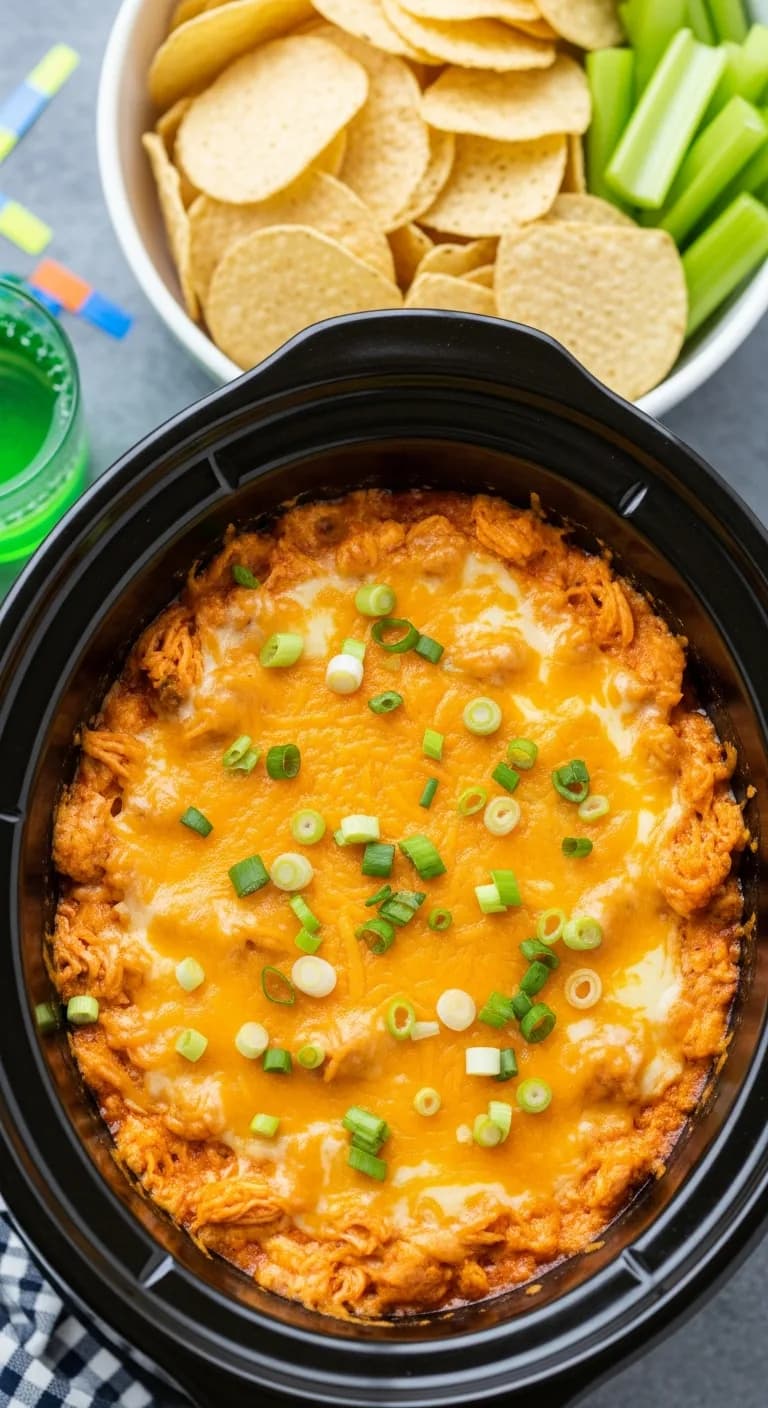 Finished crockpot buffalo chicken dip garnished with green onions, ready to serve.