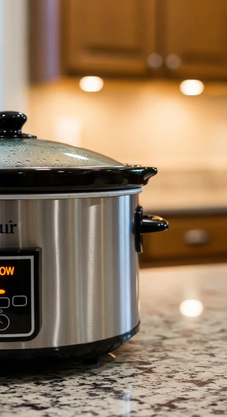 A modern slow cooker with the lid on, cooking the crockpot meatloaf on a kitchen counter.
