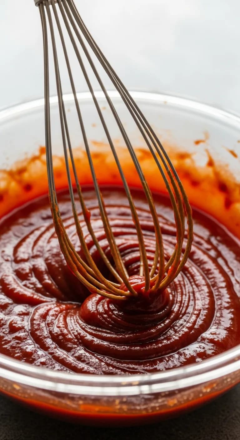 Whisking together ketchup, brown sugar, and vinegar for the crockpot meatloaf glaze.