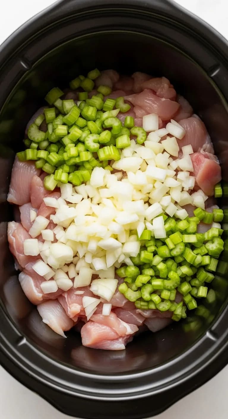 Cubed raw chicken and chopped vegetables in the bottom of a slow cooker insert.
