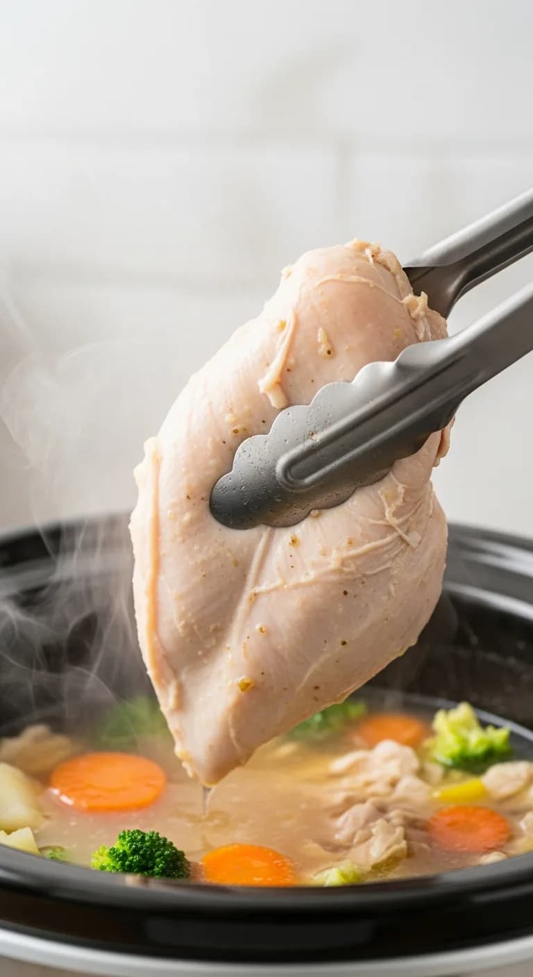 Removing tender, cooked chicken breasts from the crockpot with tongs.