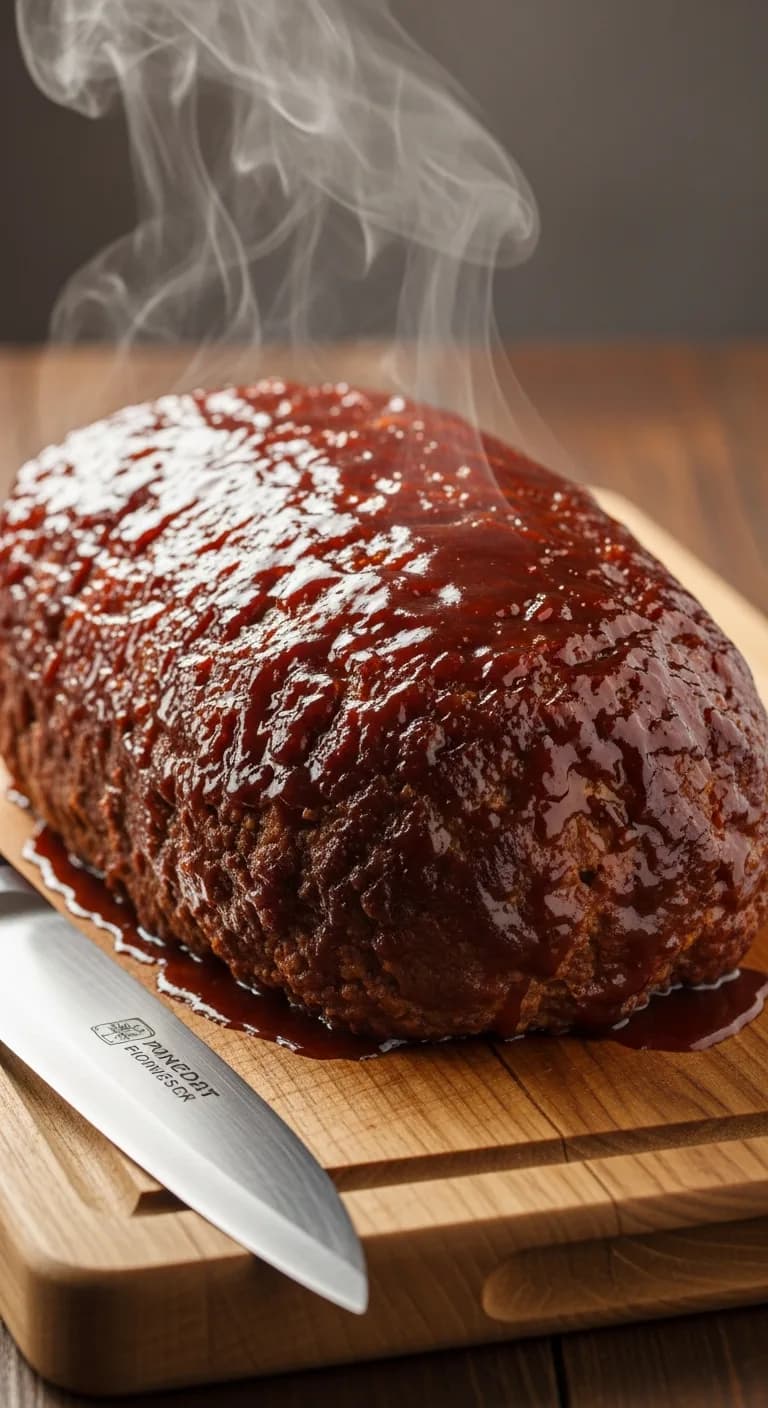 A perfectly cooked crockpot meatloaf resting on a cutting board, ready to be sliced.