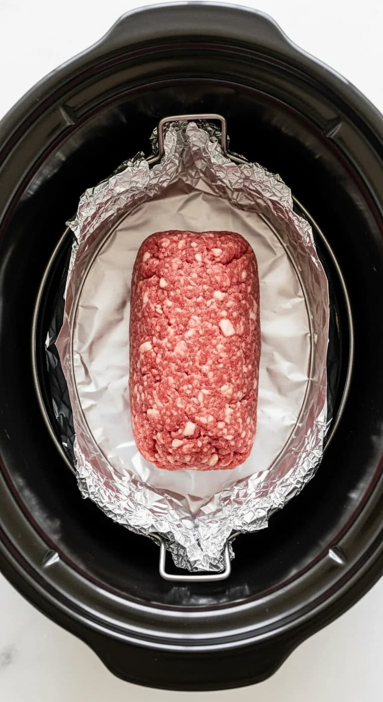 Raw meatloaf placed on a foil sling inside the ceramic insert of a slow cooker.