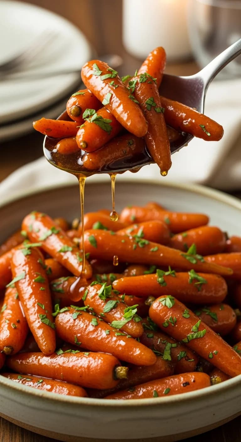 A spoonful of tender glazed crockpot carrots being lifted from a serving bowl.